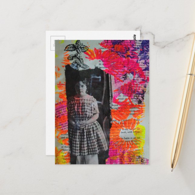 Helle Blumen Vintage Kind Mischtechnik Collage Postkarte (Vorderseite/Rückseite Beispiel)