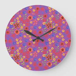 Helle Blumendrucke auf Magenta-Rundwanduhr Große Wanduhr