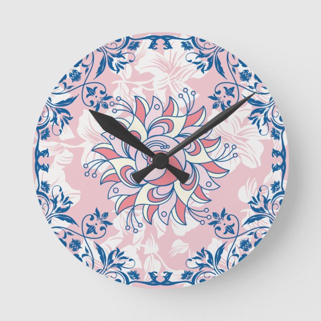 Helle Blumenkunst, rosa Rangoli Helles Leben Runde Wanduhr (Vorderseite)