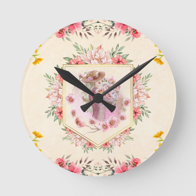 Helle Blumenkunst, rosafarbene Dame des Frühlings Runde Wanduhr (Vorderseite)