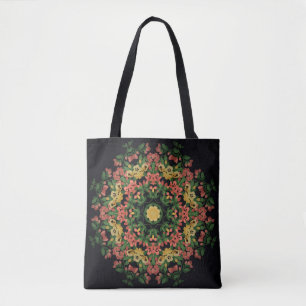 Helle Blumenmandala mit roten und gelben Blumen.