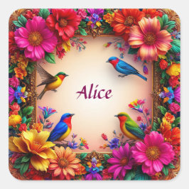 Helle Blumenrahmen mit farbenfrohen Vögeln in der Quadratischer Aufkleber