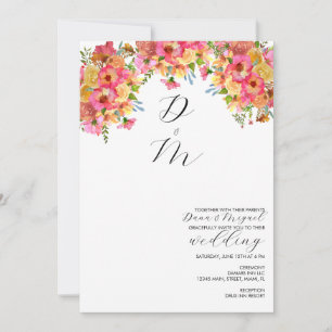 Helle Blumige Rosa Gelbe Aquarell-Hochzeit   Einladung