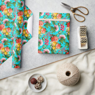 HELLE BLÜTEN IN AQUA IM VINTAGE-STIL GESCHENKPAPIER