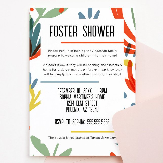 Helle Botanicals Foster Care Dusche Einladung (bright and colorful botanical floral foster child shower invitation green, yellow, blue, red flowers)