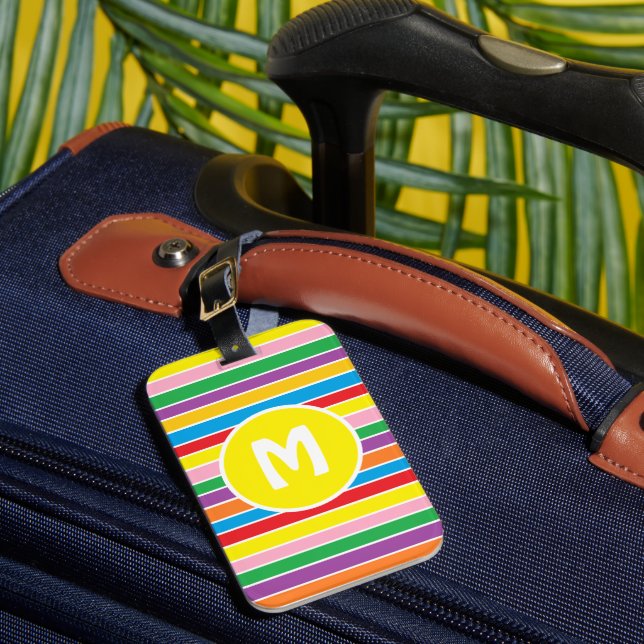 Helle, bunte Regenbogen gestreifte Monogramm- Gepäckanhänger (Vorderseite Insitu 1)