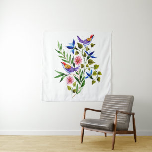 Helle bunte Vögel und Blumen Aquarell Wandteppich