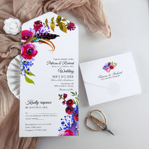Helle Burgundy Floral Monogram Elegant Wedding All In One Einladung