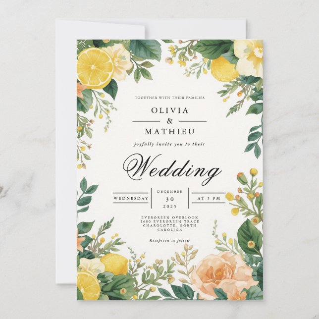 Helle Citrus Floral Wedding Einladung (Vorderseite)