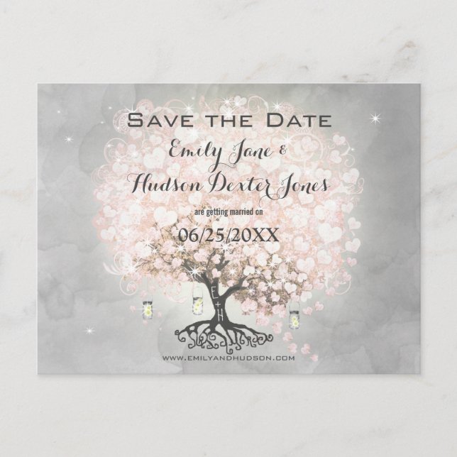 Helle Dogwood Pink Heart Leaf Tree Bird Wedding Ankündigungspostkarte (Vorderseite)
