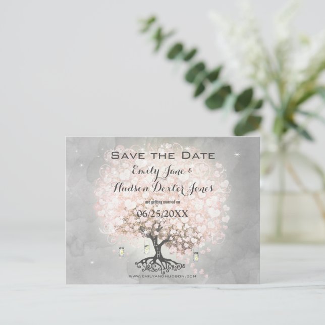 Helle Dogwood Pink Heart Leaf Tree Bird Wedding Ankündigungspostkarte (Stehend Vorderseite)