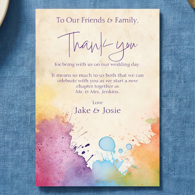 Helle Farbe Splint Hochzeitstisch Dankeschön Karte (Bright paint splashes Wedding Table thank you card.)