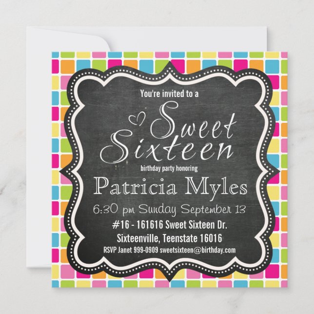 Helle Farben mit Party des Tafel-Zeichen-Bonbon-16 Einladung (Vorderseite)