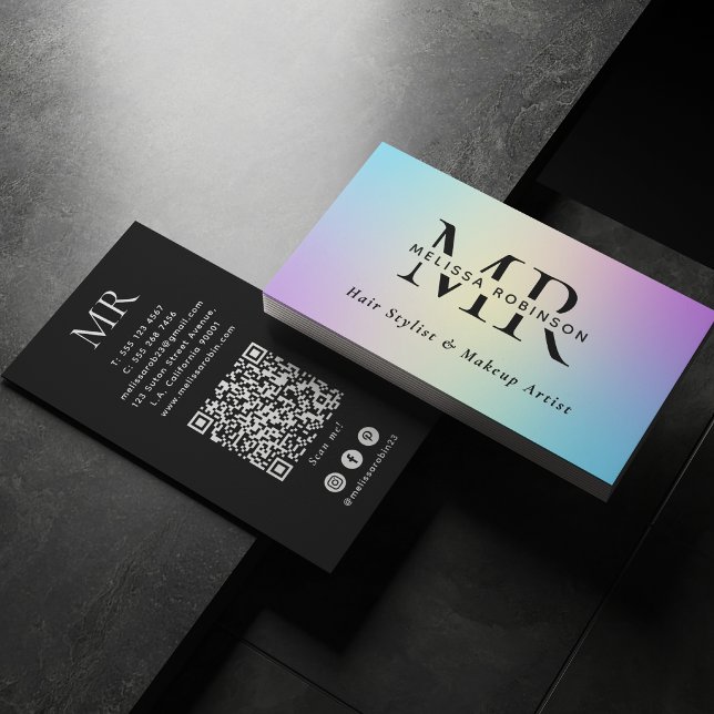 Helle Farben Ombre-Verlauf Monogramm & QR-Code Visitenkarte (Von Creator hochgeladen)