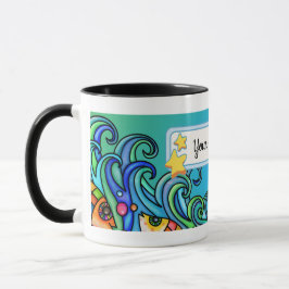 Helle Farben, Wellen - Fischdoodles, personalisier Tasse