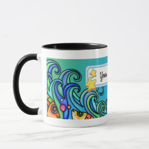 Helle Farben, Wellen - Fischdoodles, personalisier Tasse