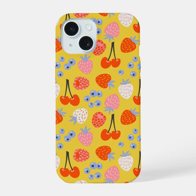 Helle farbenfrohe Beerenfrucht-Muster iPhone 15 Hülle (Rückseite)