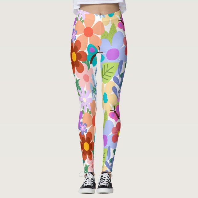 Helle farbenfrohe Blume Schmetterlinge Leggings (Vorderseite)