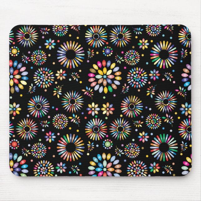 Helle farbenfrohe Blumenkreise auf Schwarz Mousepad (Vorne)