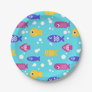 Helle farbenfrohe Cartoon-Fisch-Muster Blau Pappteller