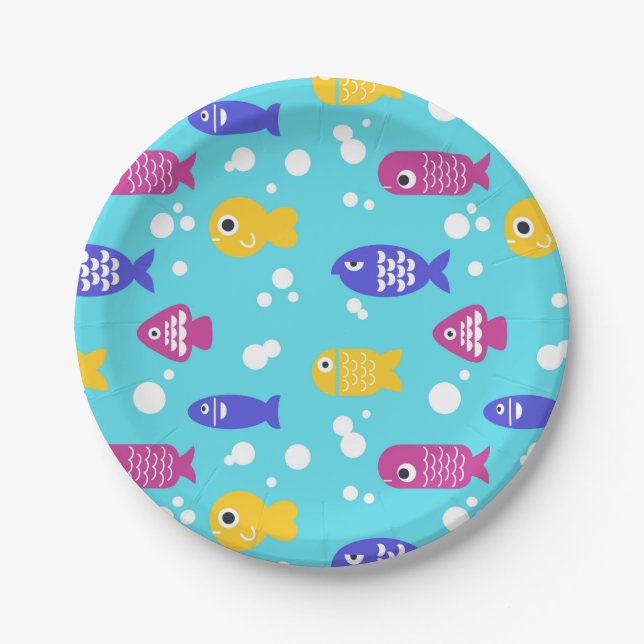 Helle farbenfrohe Cartoon-Fisch-Muster Blau Pappteller (Vorderseite)