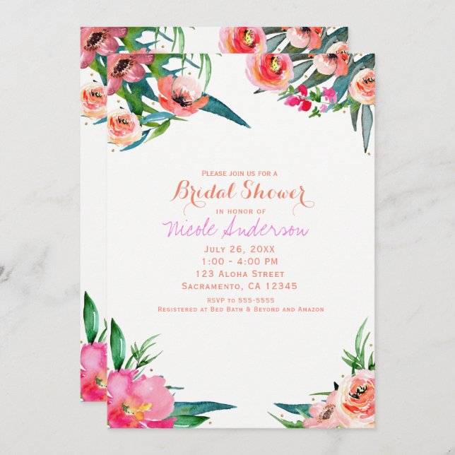 Helle farbenfrohe Fun Sommer Wasserfarbe Blumenchi Einladung (Vorne/Hinten)