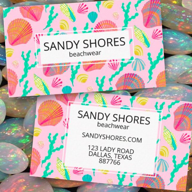 Helle, farbenfrohe Muscheln und Algenmuster Visitenkarte (Seashells design custom business cards in colorful pink and green)