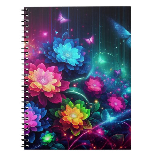 Helle, farbenfrohe Neon-Blume/Schmetterlinge Notizblock (Vorderseite)