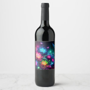 Helle, farbenfrohe Neon-Blume/Schmetterlinge Weinetikett