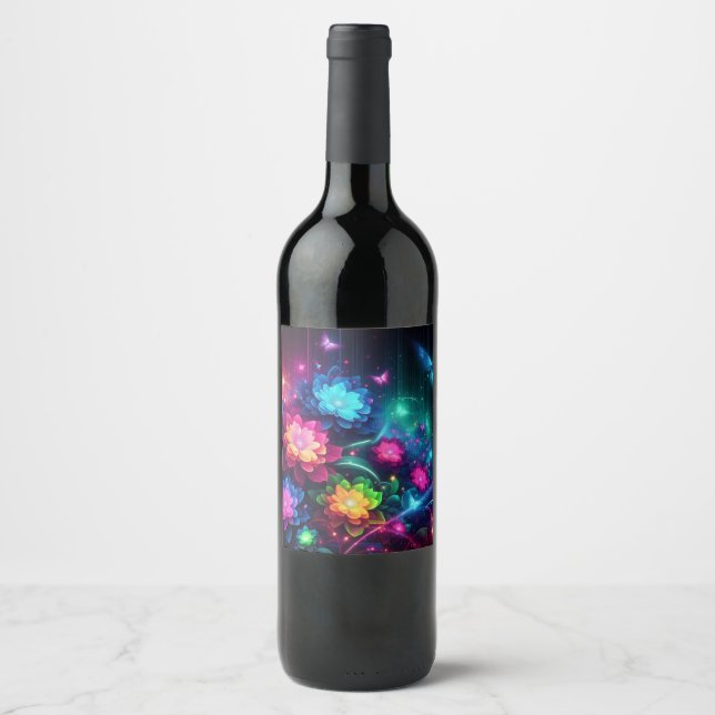 Helle, farbenfrohe Neon-Blume/Schmetterlinge Weinetikett (Vorderseite)