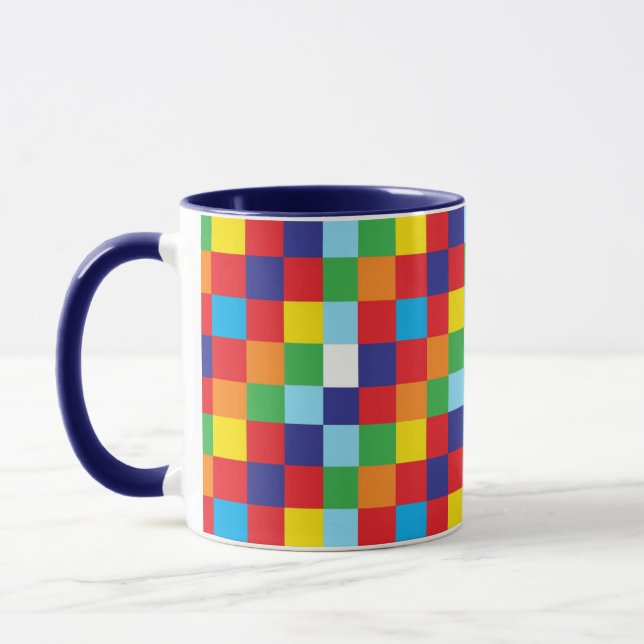 Helle, farbenfrohe Quadrate Muster Blau Rot Tasse (Links)