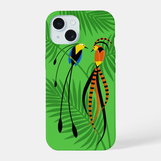 Helle, farbenfrohe Vögel des Paradieses iPhone 15 Hülle (Rückseite)