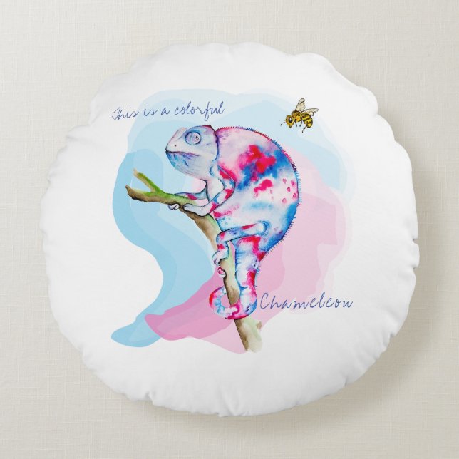 Helle, farbenfrohe Wasserfarbe Chamäleon und Biene Rundes Kissen (Vorderseite)