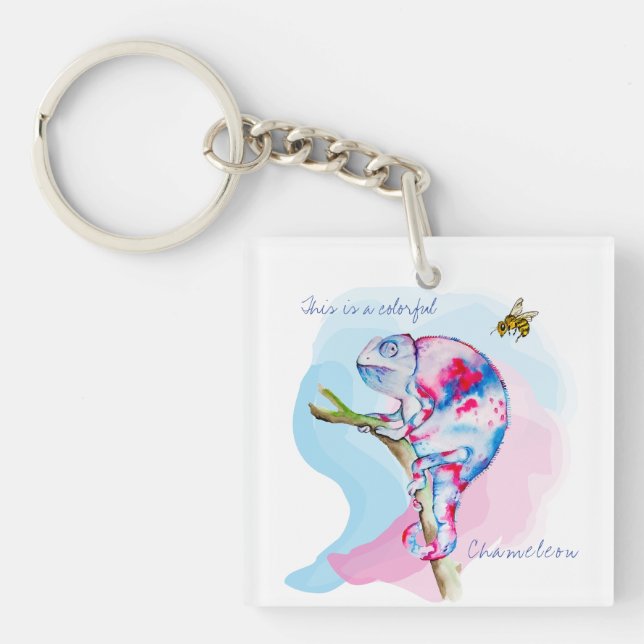 Helle, farbenfrohe Wasserfarbe Chamäleon und Biene Schlüsselanhänger (Vorderseite)