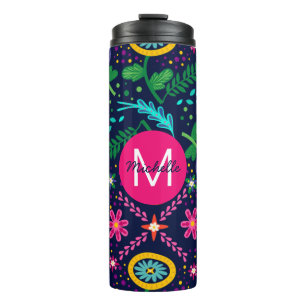 Helle Farbige Chaotische Florale Blaue Personalisi Thermosbecher