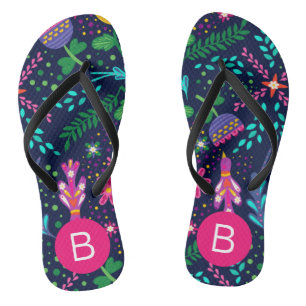 Helle Farbige Chaotische Florale Dunkelblaue Monog Flip Flops