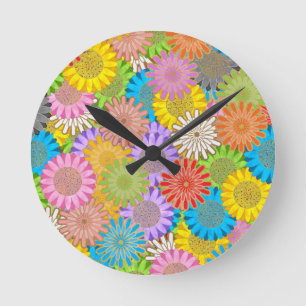 Helle Farbige Chaotische Hippie-Blumenmuster Runde Wanduhr