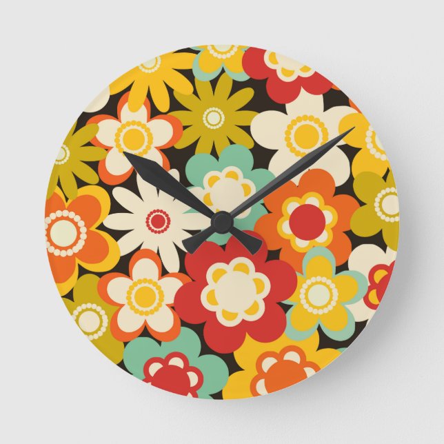 Helle Farbige Retro Süße Blumige Muster Runde Wanduhr (Vorderseite)