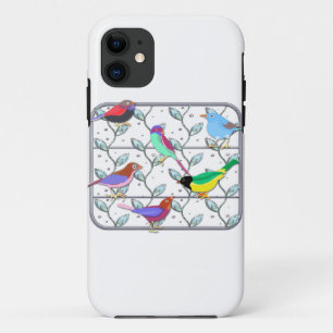 Helle farbige Vögel auf einem Gitter iPhone 11 Hülle