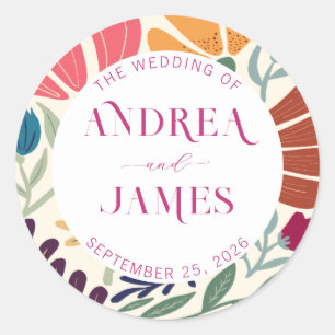 Helle Farbige Wildblumen Abstrakte Florale Hochzei Runder Aufkleber