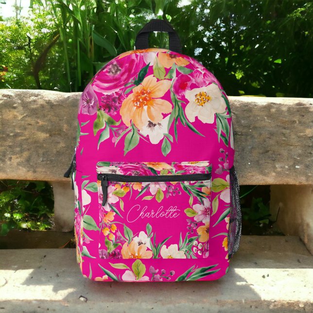 Helle, fette wilde Blume neunrosa Namen Bedruckter Rucksack (Bright bold wild flowers neon pink name printed backpack)