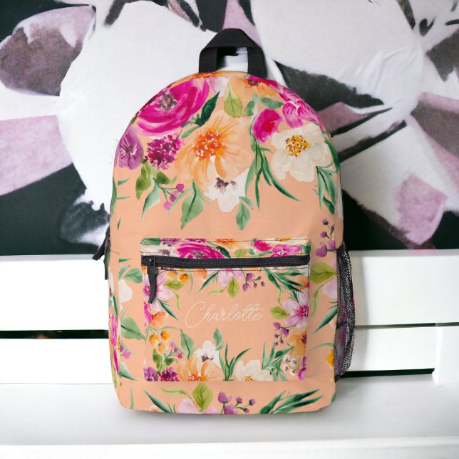 Helle, fette wilde Blume neunrosa Pfirsiche Bedruckter Rucksack (Bright bold wild flowers neon pink peach name printed backpack)