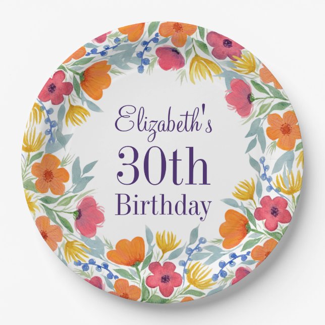 Helle Floral 30. Geburtstag Pappteller (Vorderseite)