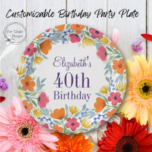Helle Floral 40. Geburtstag Pappteller