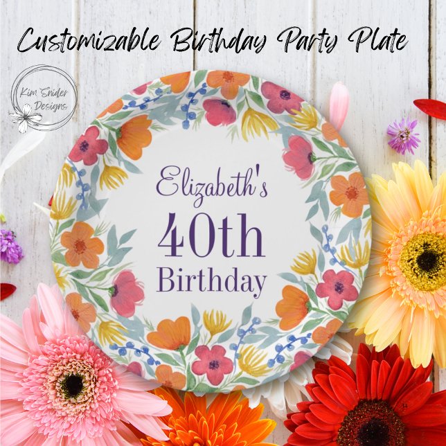 Helle Floral 40. Geburtstag Pappteller (Von Creator hochgeladen)