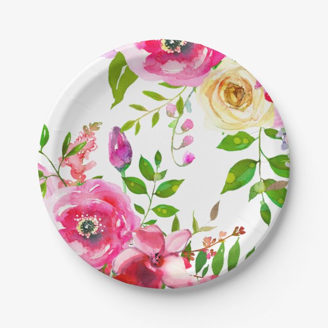 Helle floral Bold rosa Frühling Botanisch Moderne Pappteller (Vorderseite)