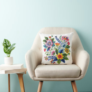 Helle florale Bouquet-Faux-Garn-Stickerei Kissen