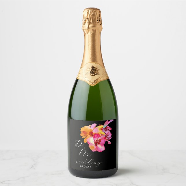 Helle, florale, farbige Monogramm-Schwarze Hochzei (Vorderseite)