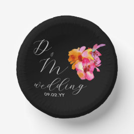Helle, florale, farbige Monogramm-Schwarze Hochzei Pappteller
