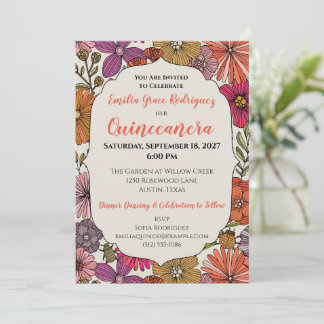 Helle florale Quinceañera | Farbige Laune Einladung